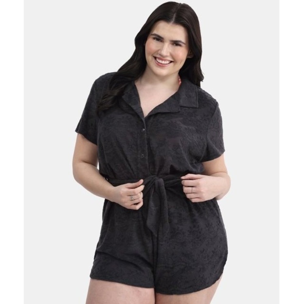 No Boundaries Black Terry Cloth Sun Wave Romper Button Front Tie Waist Large NEW